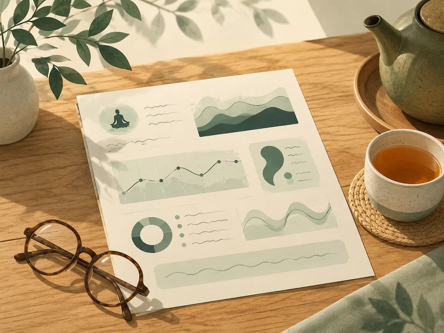 A printed wellness trend summary resting on a kitchen table beside reading glasses and tea