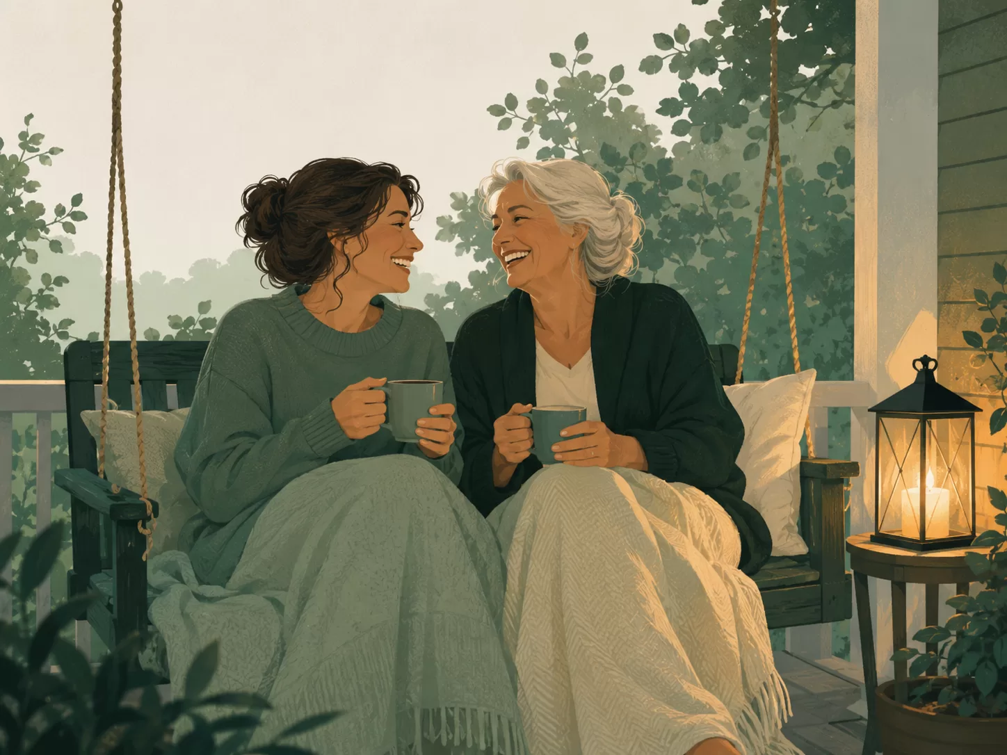 An adult daughter and her mother laughing together over tea on a porch swing at dusk