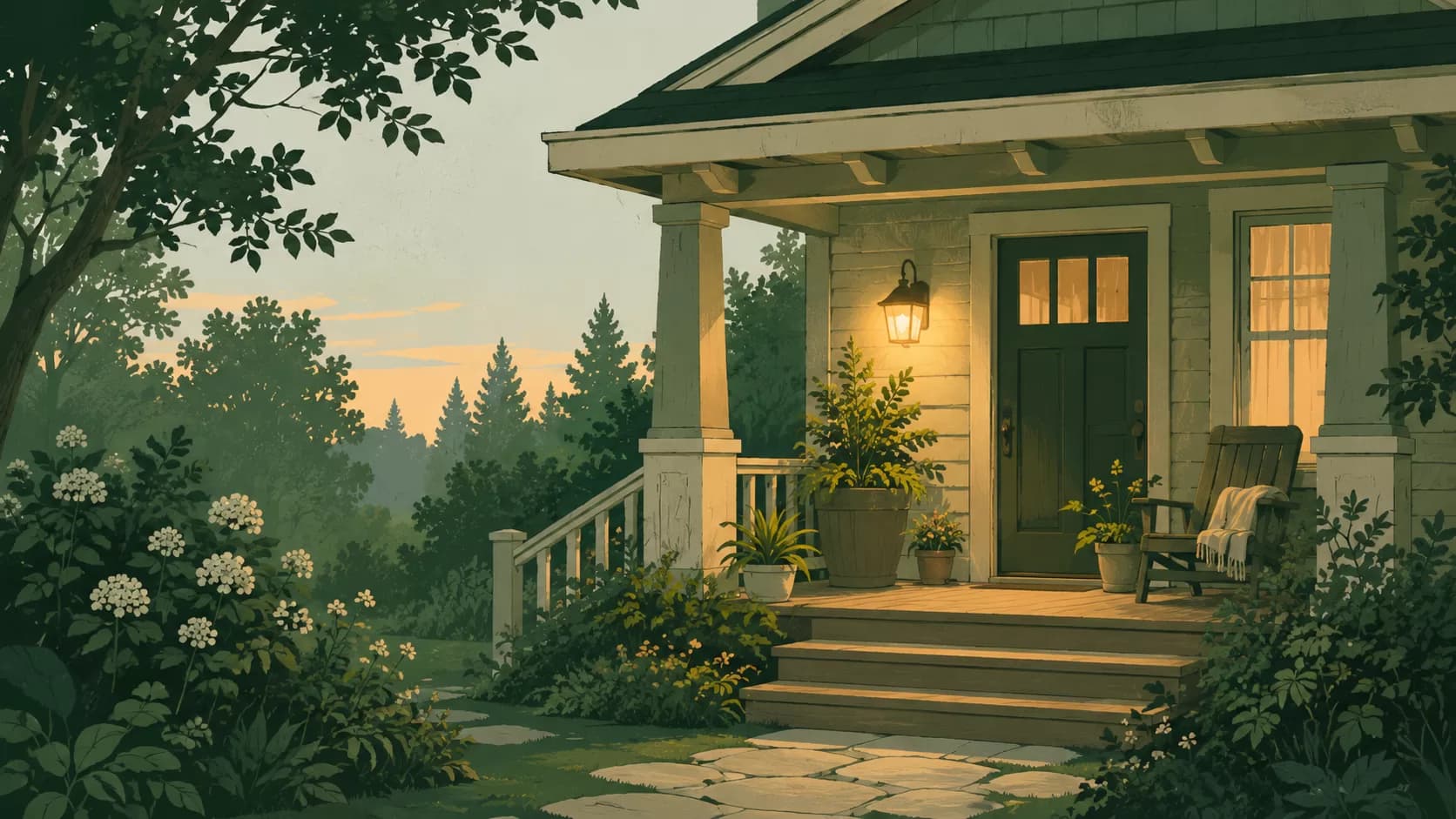 A craftsman house porch at dusk, one warm porch light glowing beside the front door