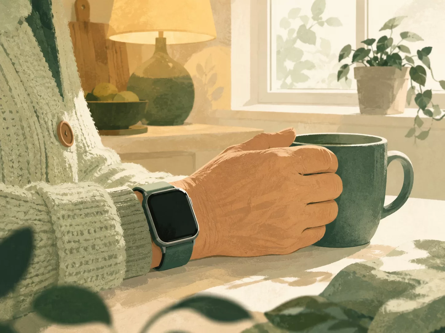 An older adult wearing an Apple Watch, holding a warm mug at a sunny kitchen table