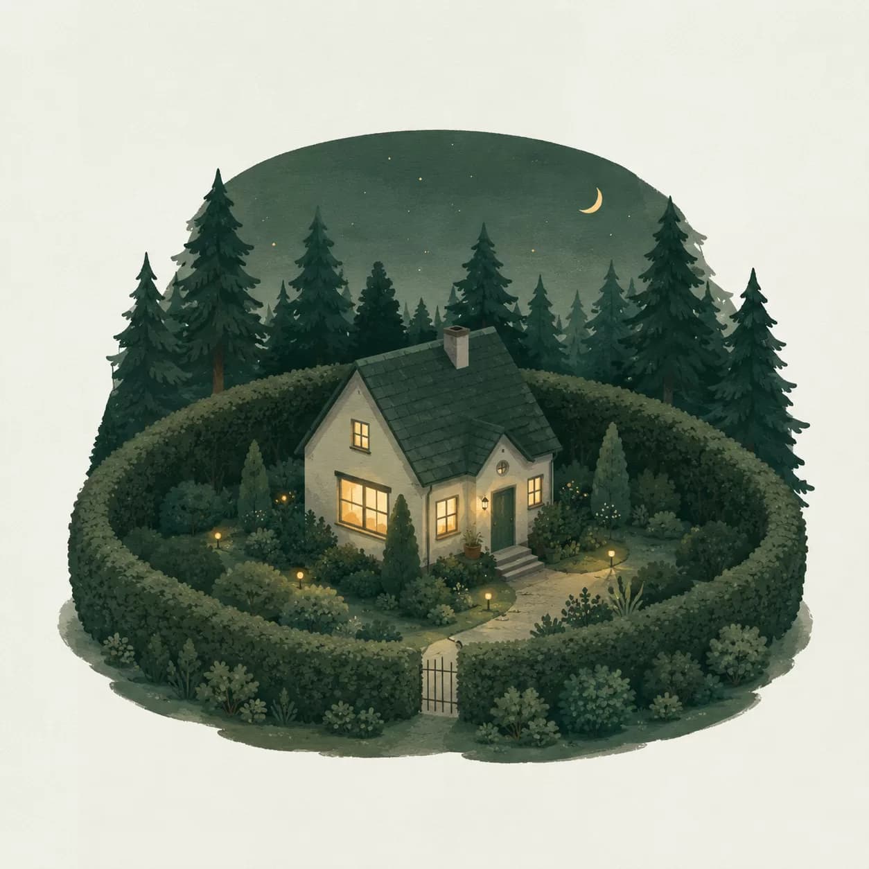 A cozy house at night, warm light staying inside its windows, ringed by a garden hedge